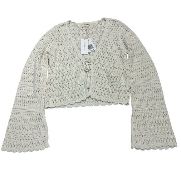L Space Sweaters - L Space Cardigan L White Crochet Open Knit Cropped Tie Front‎ Boho Hippie Beach
